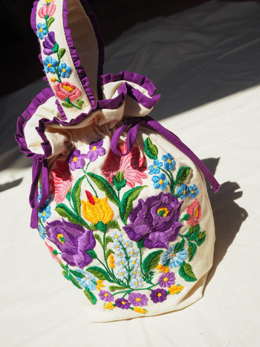 Hand-Embroidered Floral Drawstring Bag – Original Design, One of a Kind