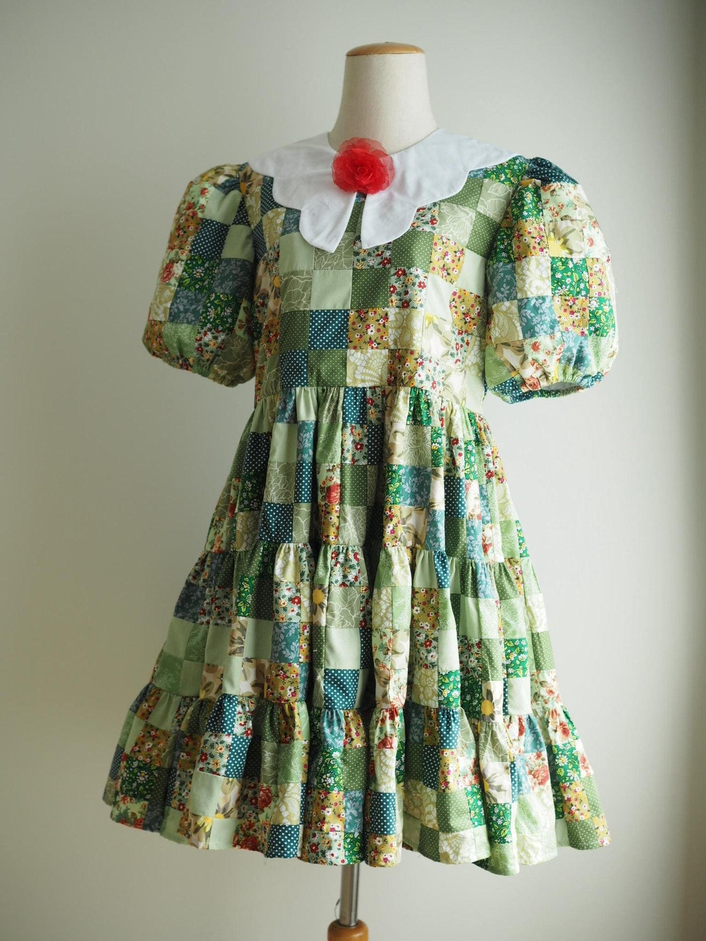 Green Floral Patchwork Babydoll Dress with White Collar – One of a Kind