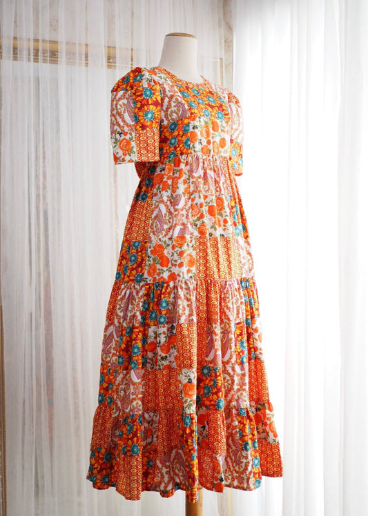 Orange Floral Patchwork Babydoll Maxi Dress – One of a Kind