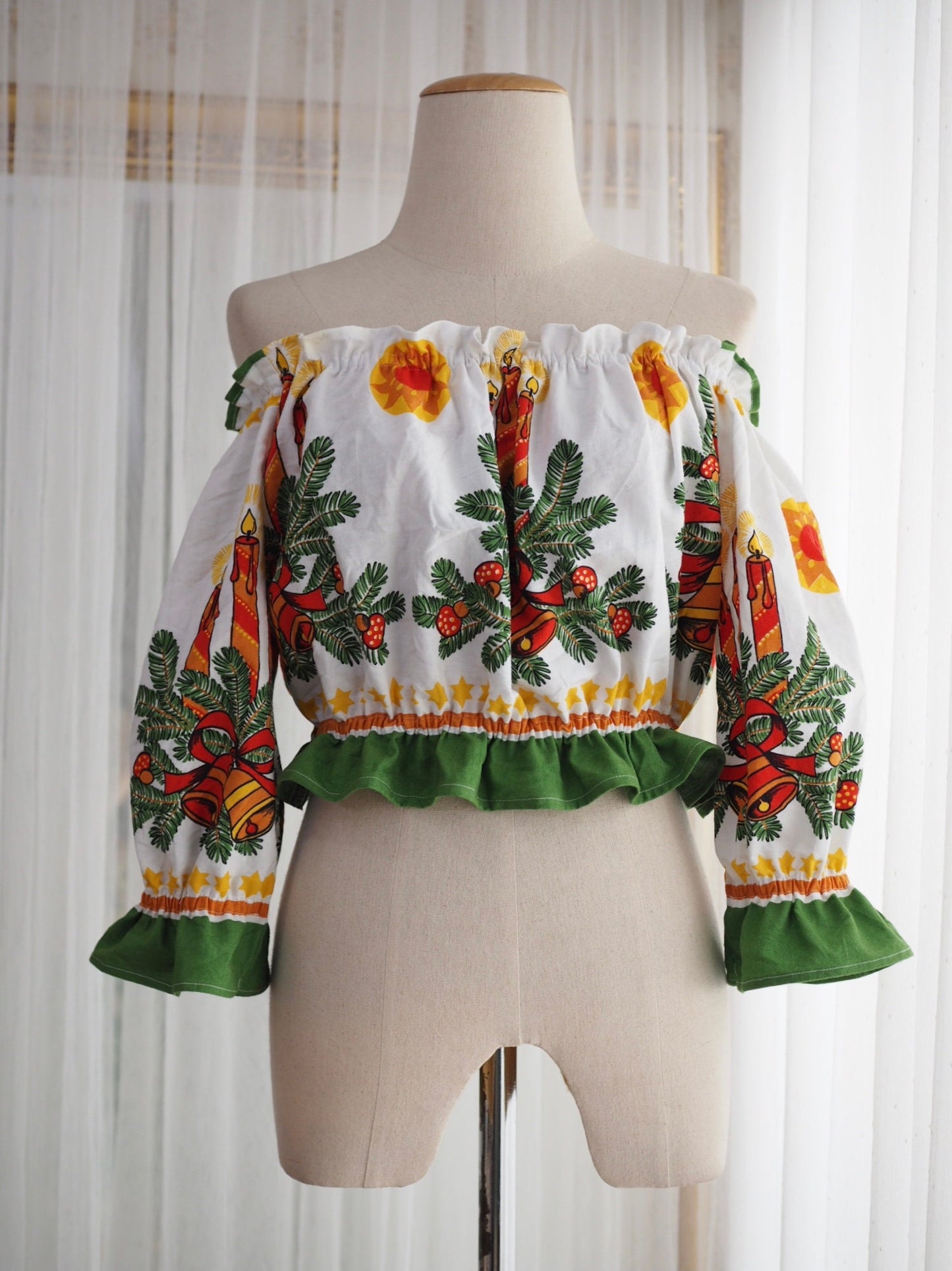 Upcycled Christmas Tablecloth Off-Shoulder Crop Top – One of a Kind