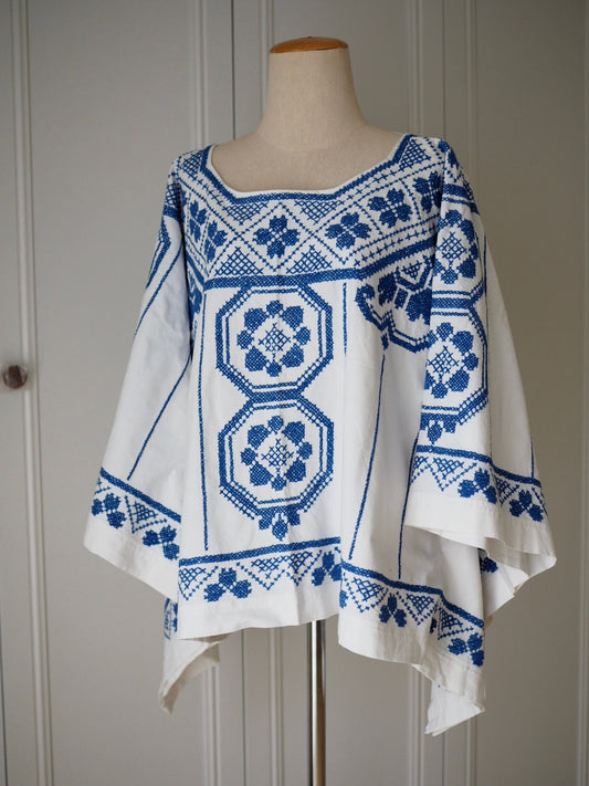 Upcycled Blue Cross-Stitch Linen Poncho Top – One of a Kind