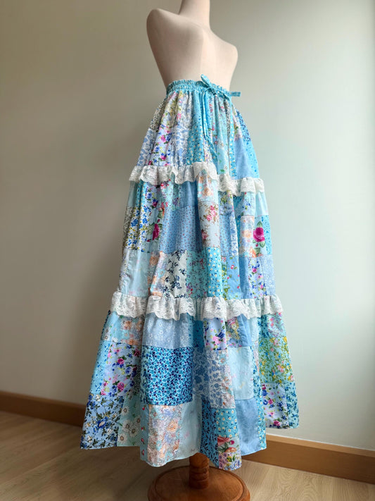 Handmade Blue Floral Patchwork Maxi Skirt – Cotton Skirt with Lace Trim