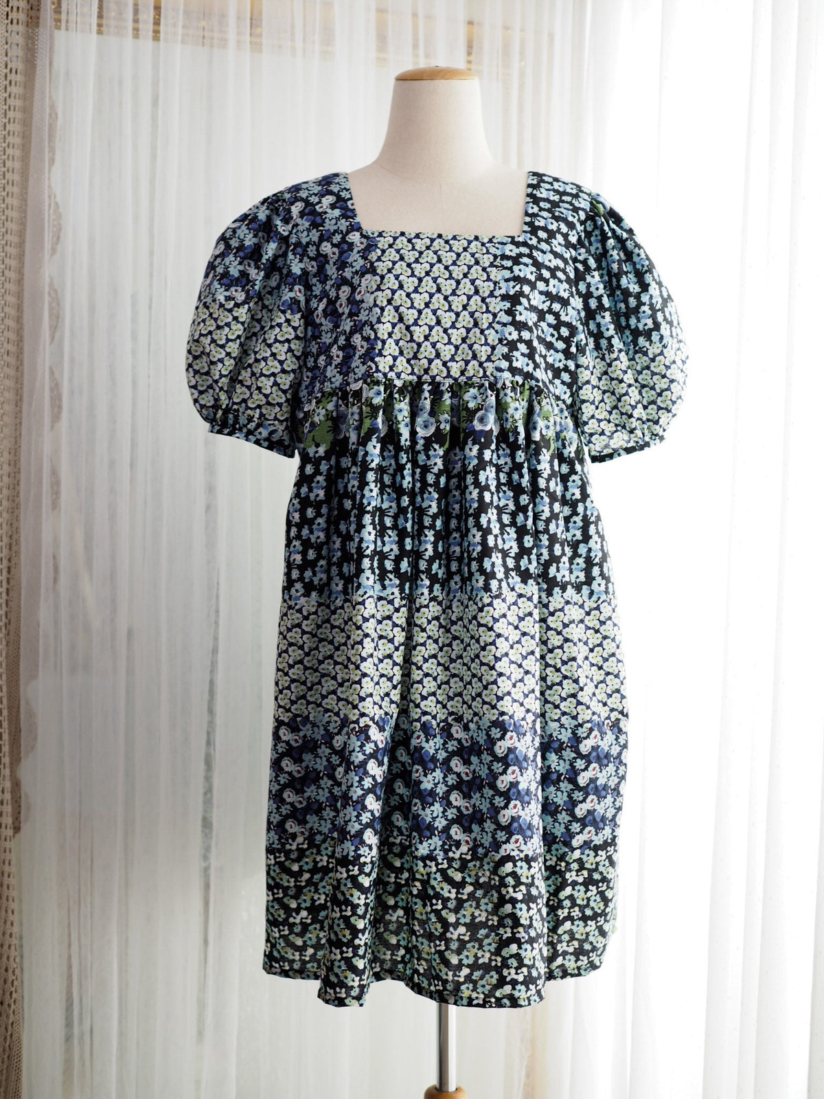 Blue Floral Cotton Babydoll Midi Dress