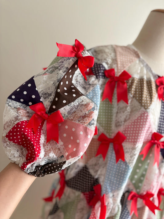 Polka Dot & Lace Patchwork Babydoll Dress with Red Bows – One of a Kind