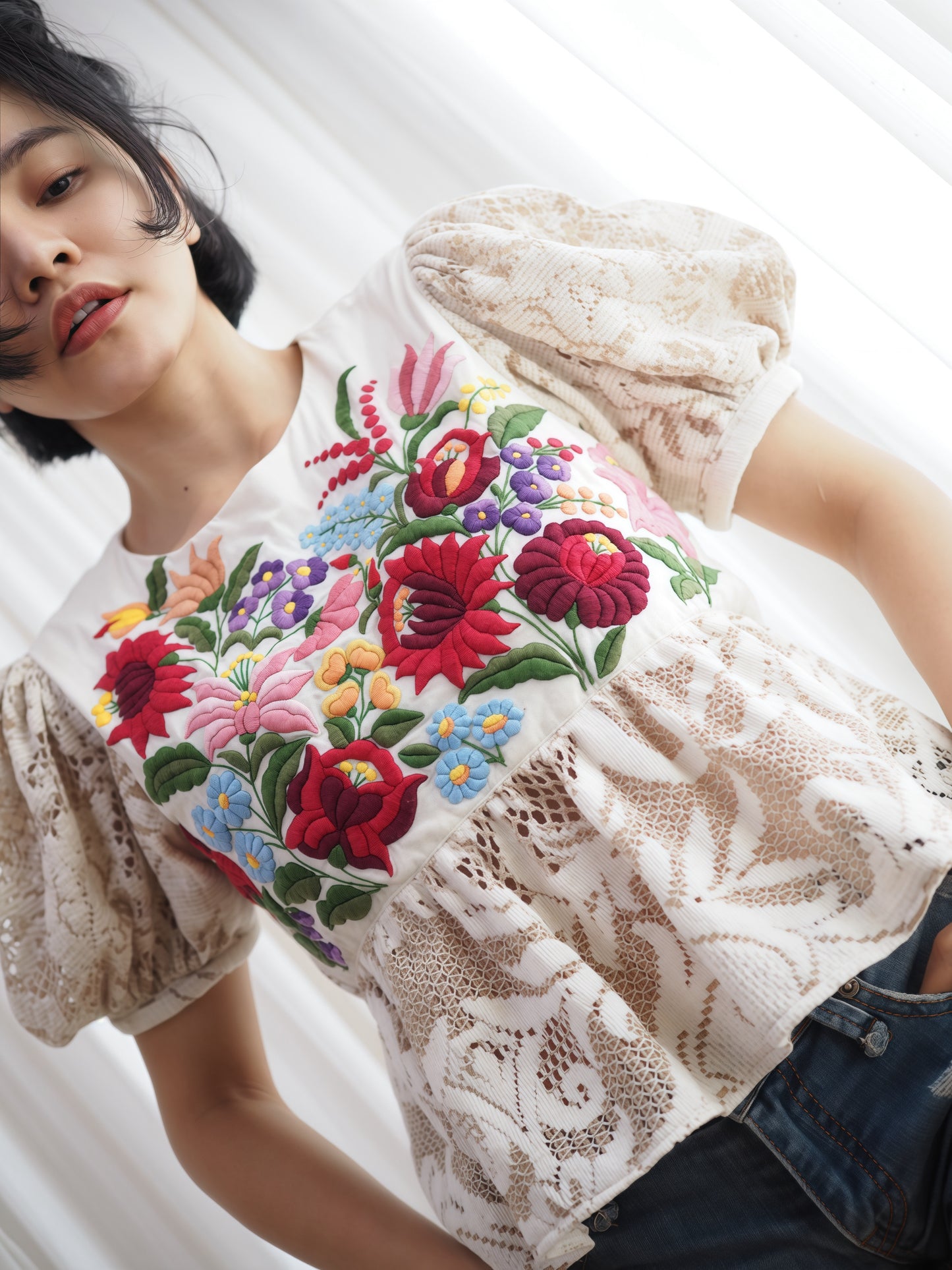 Hungarian Kalocsa-Inspired Embroidered Peplum Top – One of a Kind
