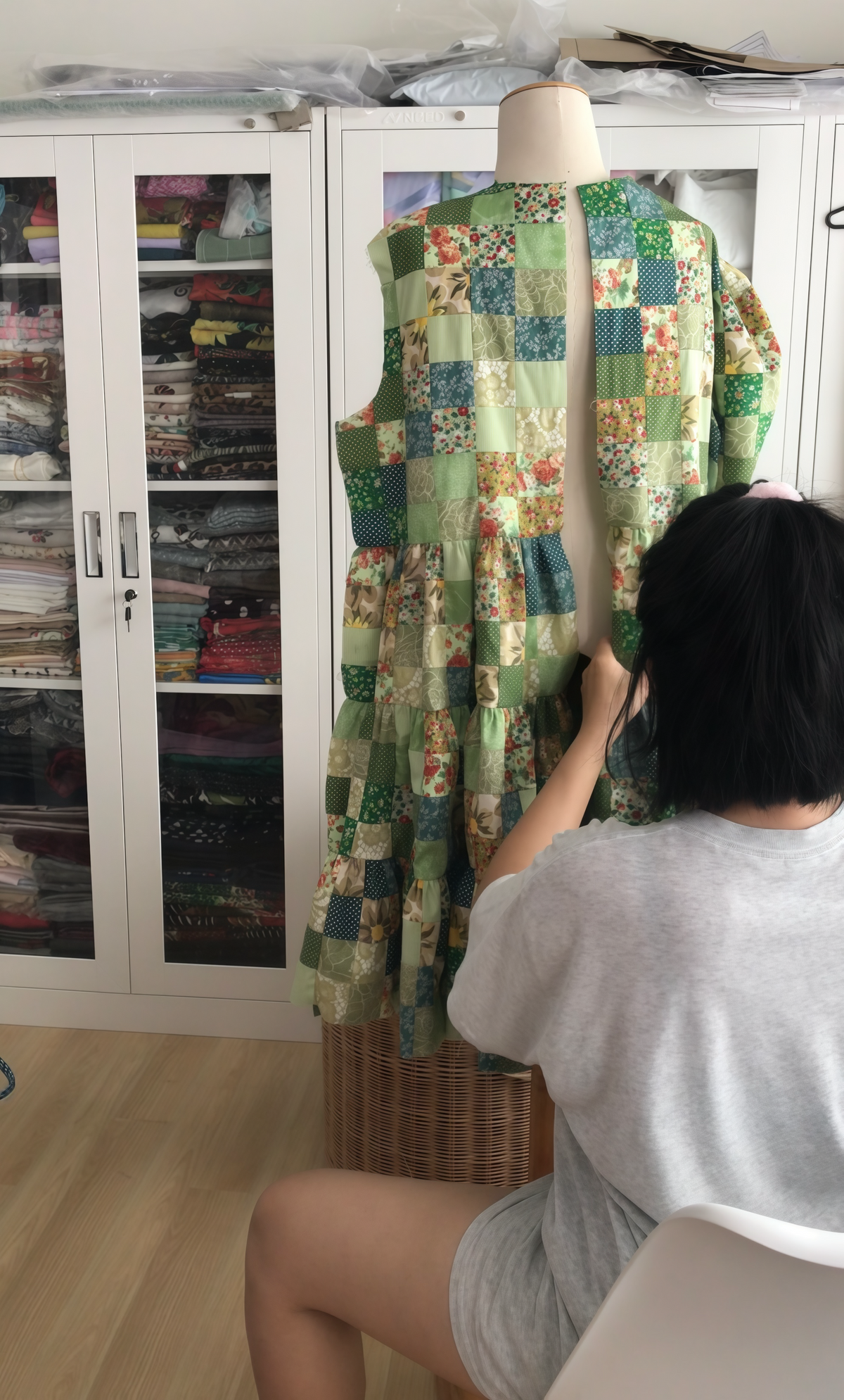 Green Floral Patchwork Babydoll Dress with White Collar – One of a Kind