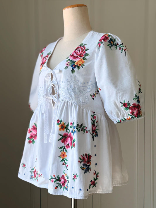 Upcycled Vintage Floral Cross-Stitch Blouse – One of a Kind