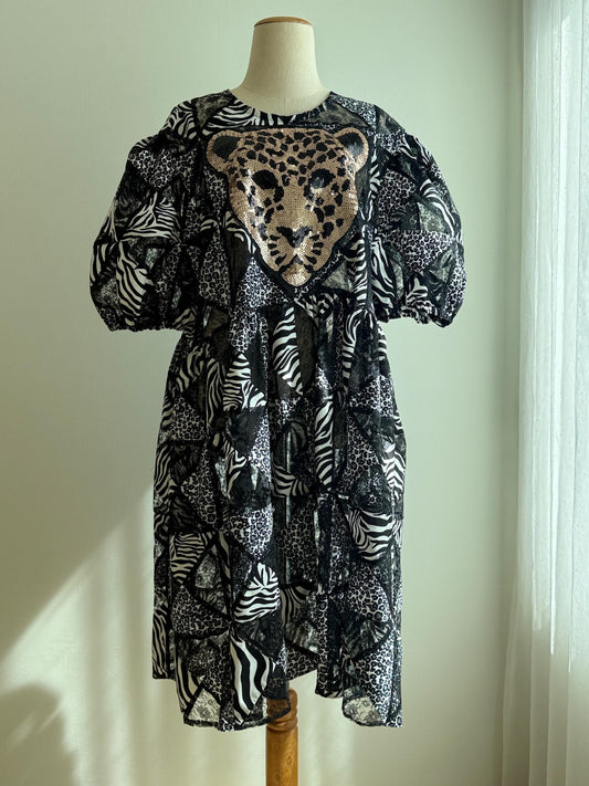 Black & White Animal Print Patchwork Babydoll Dress – One of a Kind