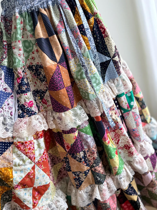 Handmade Patchwork Maxi Skirt – Cotton Quilt Skirt with Lace Trim