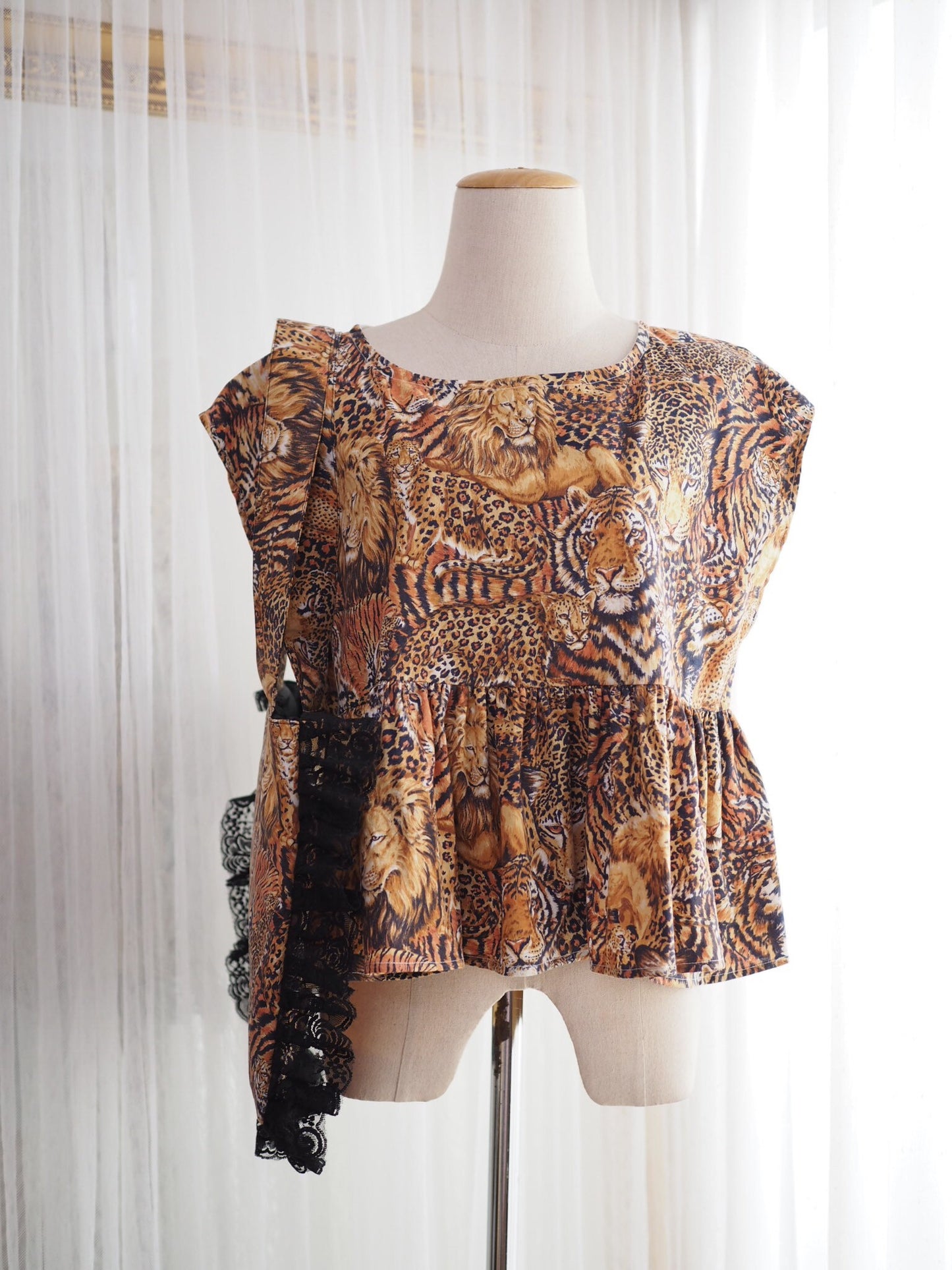 Upcycled Leopard Print Babydoll Top with Matching Lace Bag