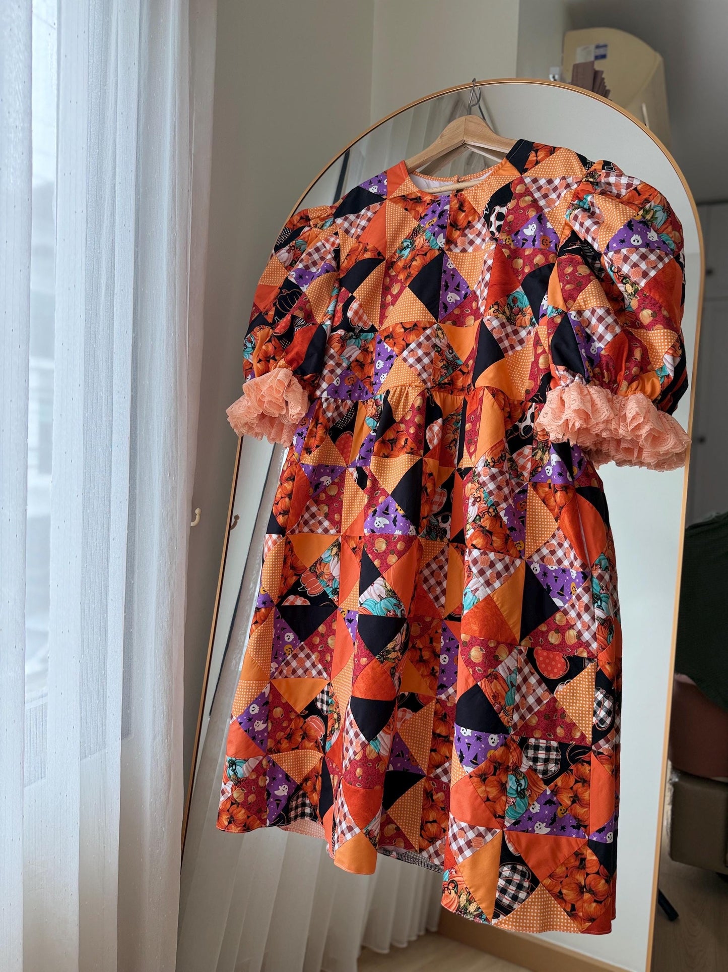 Orange Halloween Patchwork Babydoll Midi Dress with Lace – One of a Kind