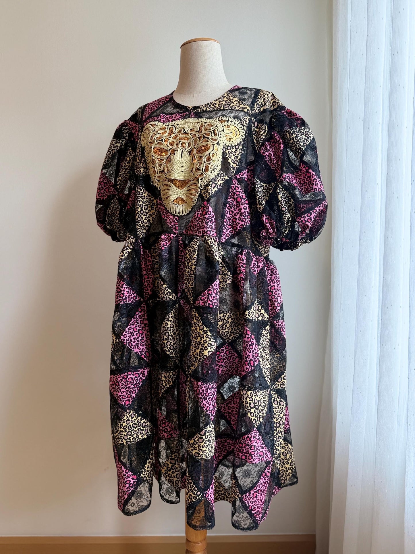 Pink Leopard Patchwork Babydoll Dress with Statement Appliqué – One of a Kind