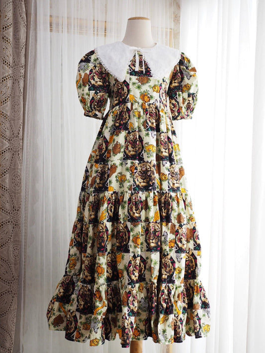 Tiger Print Babydoll Maxi Dress with White Collar – One of a Kind