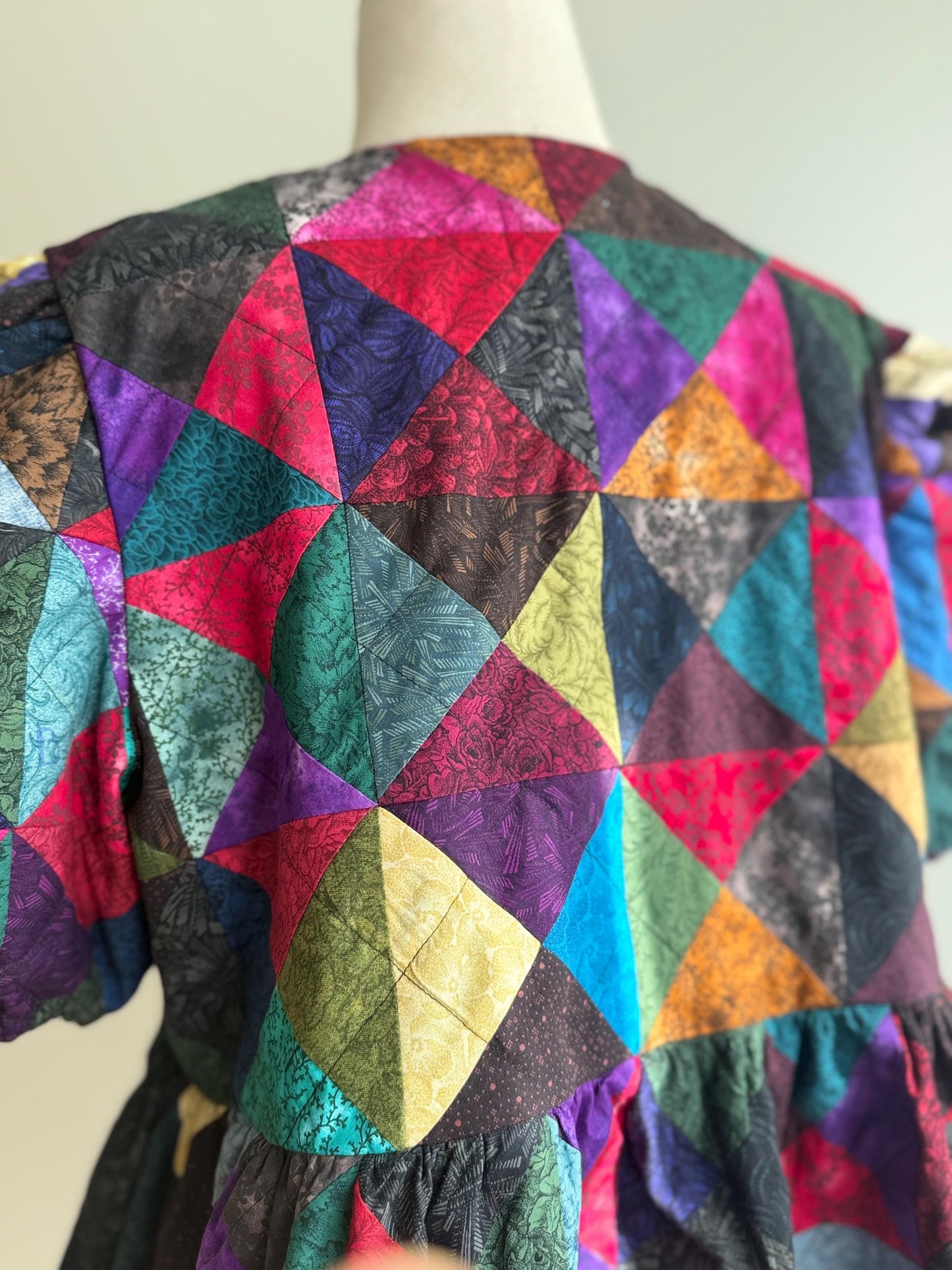 Handmade Patchwork Peplum Top – Puff Sleeve Cotton Blouse