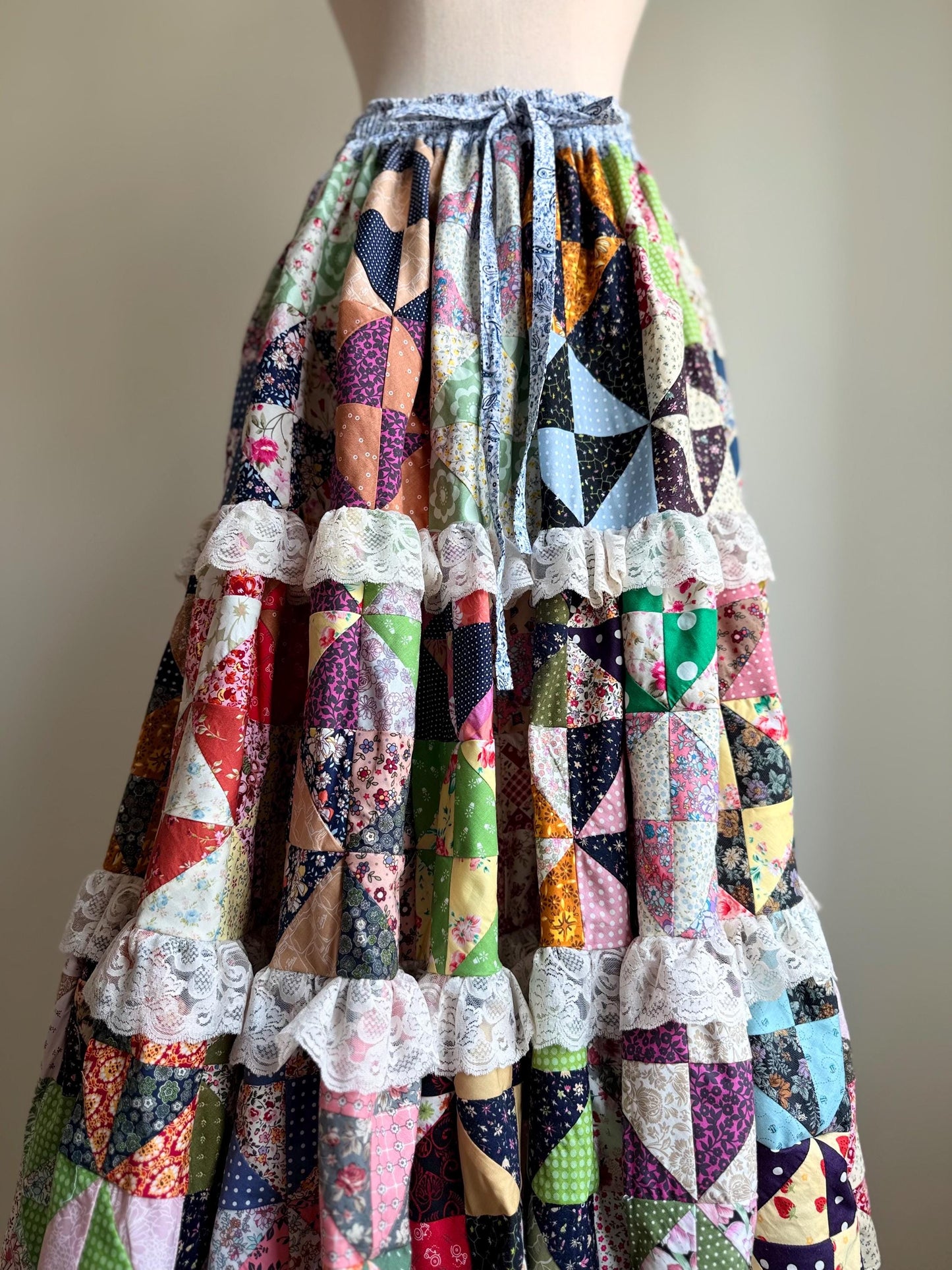 Handmade Patchwork Maxi Skirt – Cotton Quilt Skirt with Lace Trim