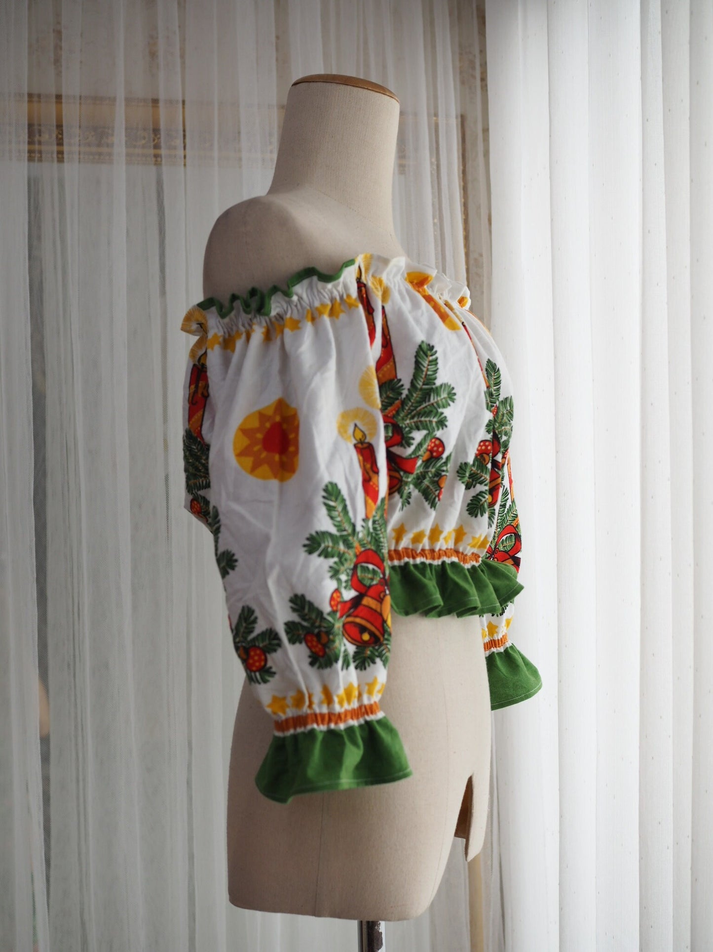 Upcycled Christmas Tablecloth Off-Shoulder Crop Top – One of a Kind