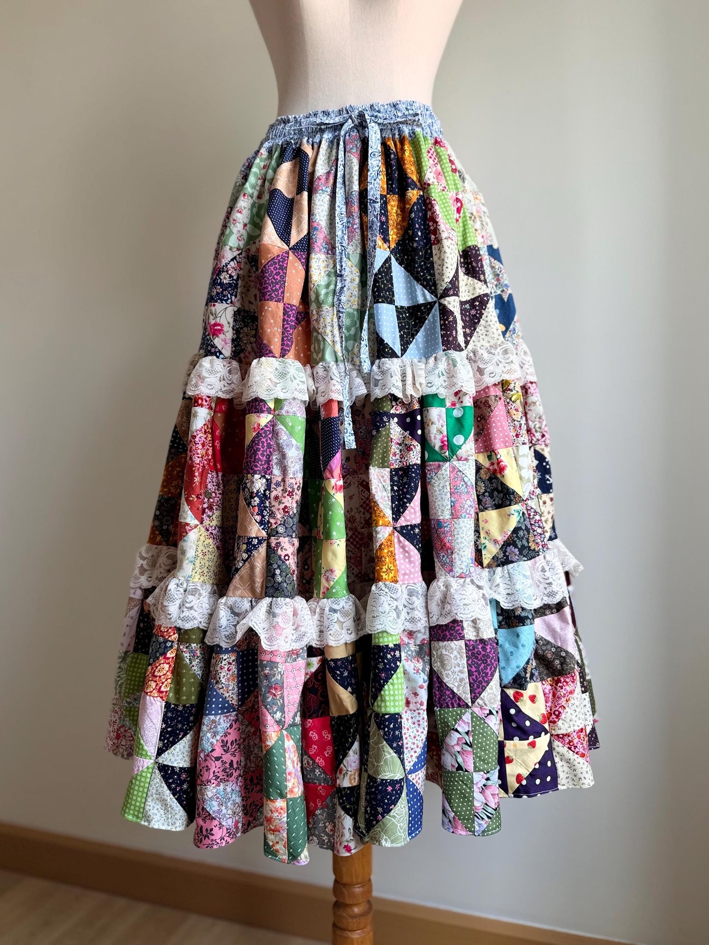 Handmade Patchwork Maxi Skirt – Cotton Quilt Skirt with Lace Trim
