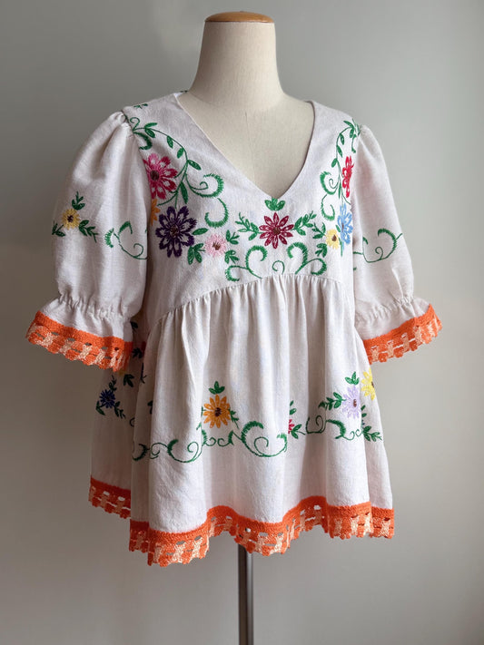 Upcycled Vintage Embroidered Tablecloth Babydoll Top – One of a Kind