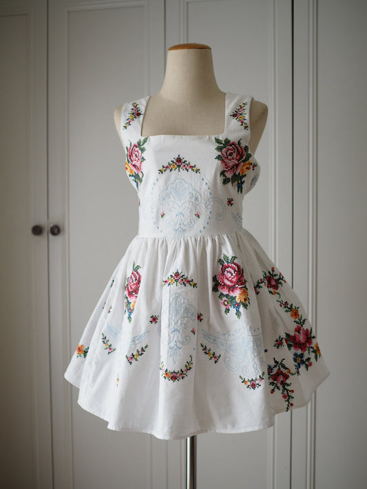 Upcycled Cross-Stitch Tablecloth Mini Dress – One of a Kind
