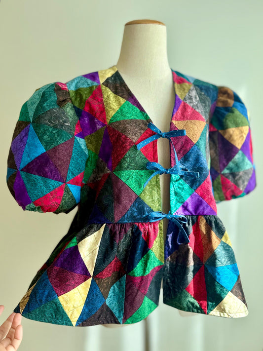 Handmade Patchwork Peplum Top – Puff Sleeve Cotton Blouse