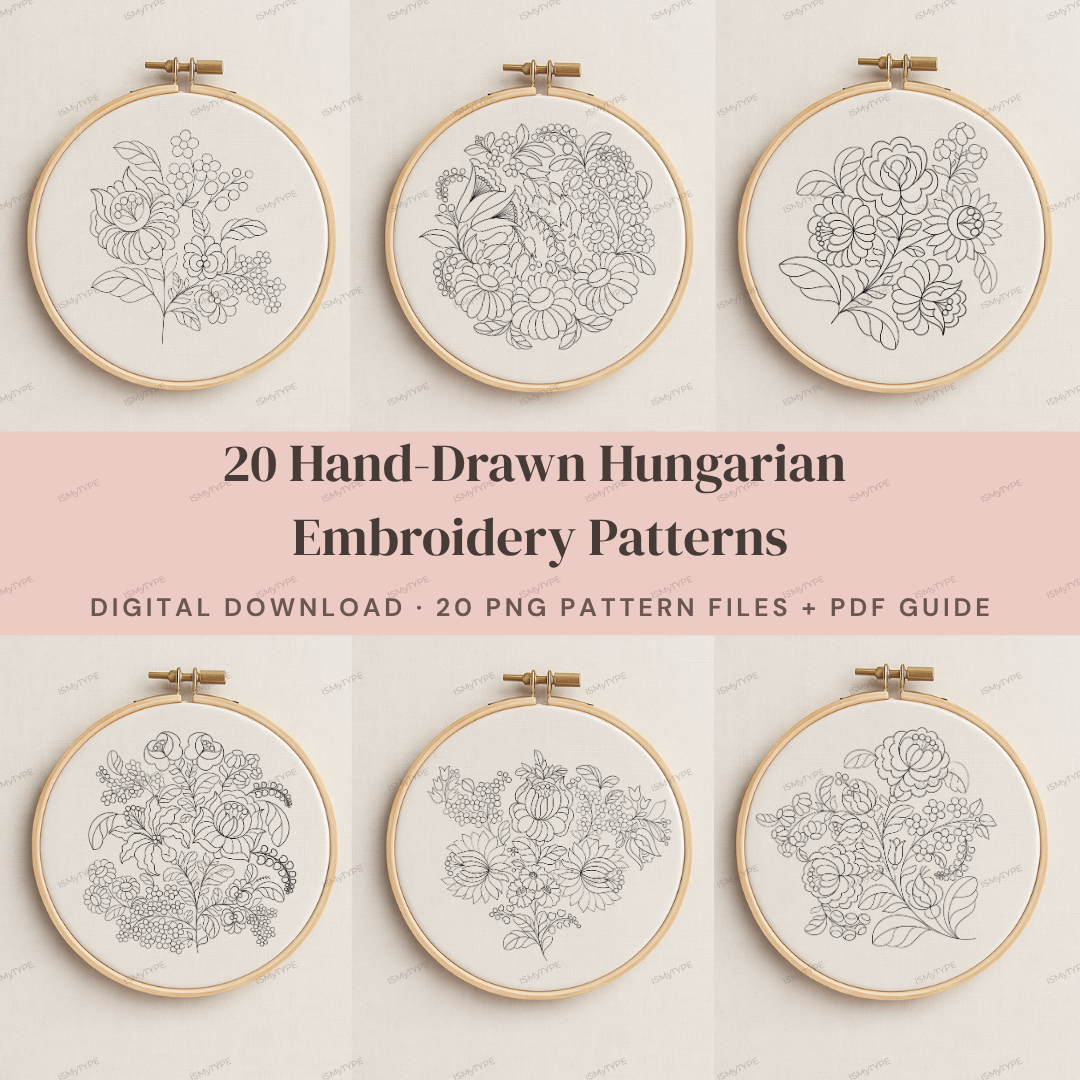 20 Hungarian Embroidery Patterns – Hand-Drawn Folk Floral Designs, Printable Digital Download, 400 DPI