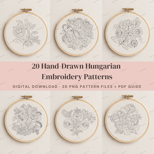 20 Hungarian Embroidery Patterns – Hand-Drawn Folk Floral Designs, Printable Digital Download, 400 DPI