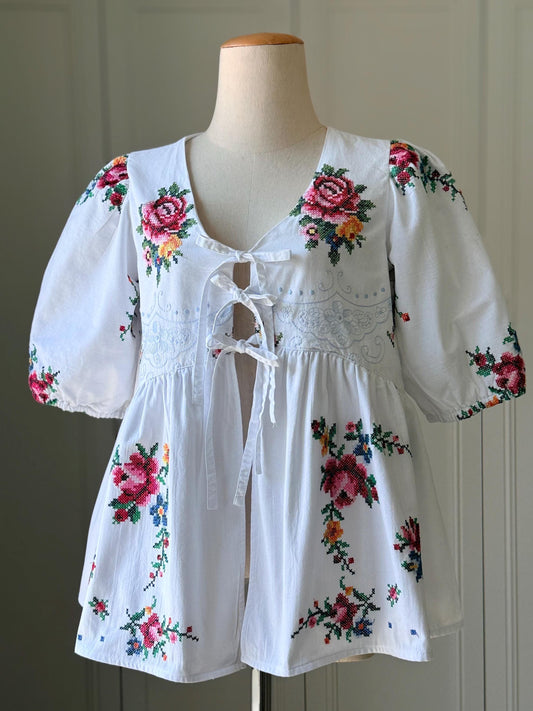 Upcycled Vintage Floral Cross-Stitch Blouse – One of a Kind