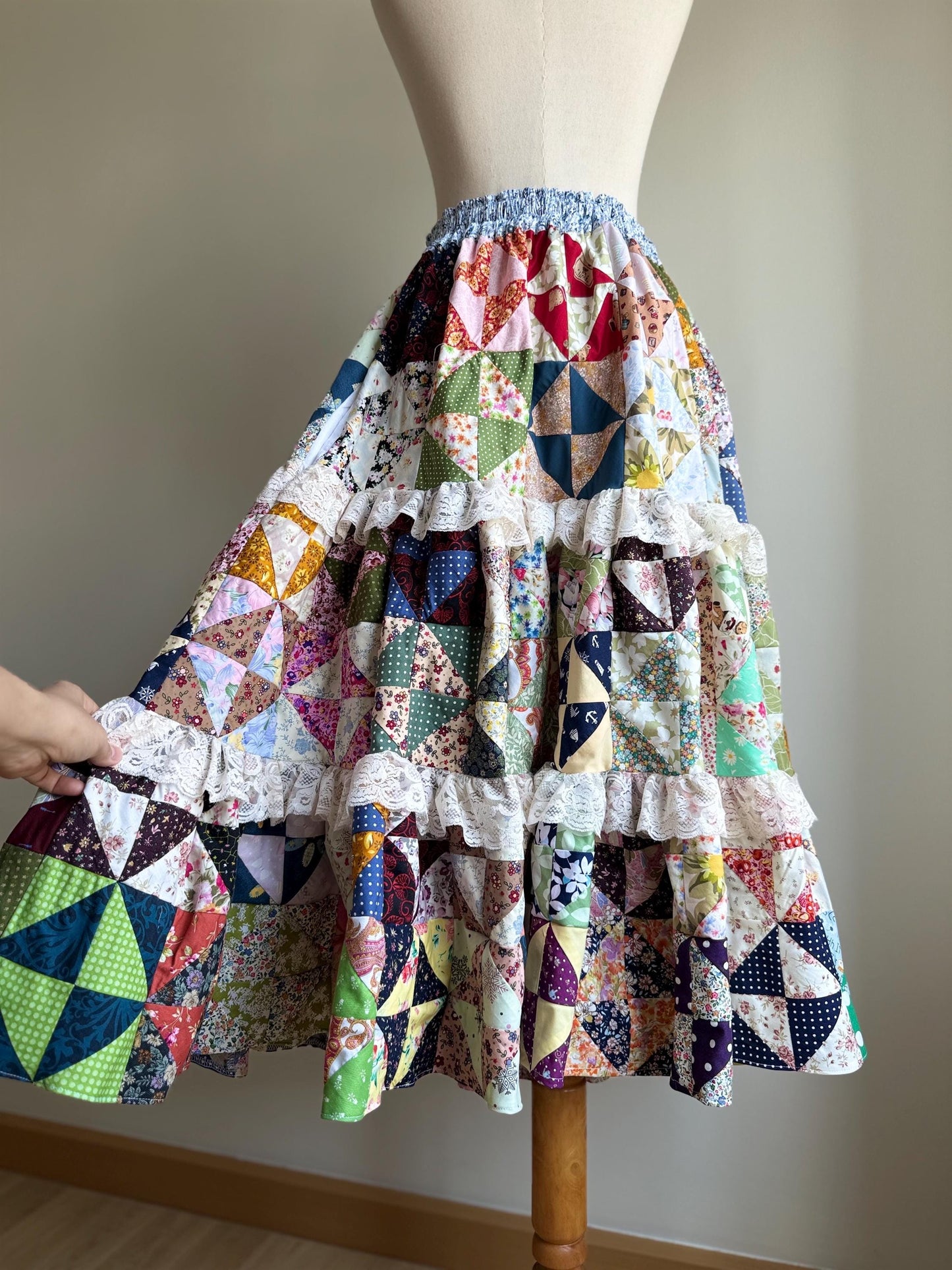 Handmade Patchwork Maxi Skirt – Cotton Quilt Skirt with Lace Trim