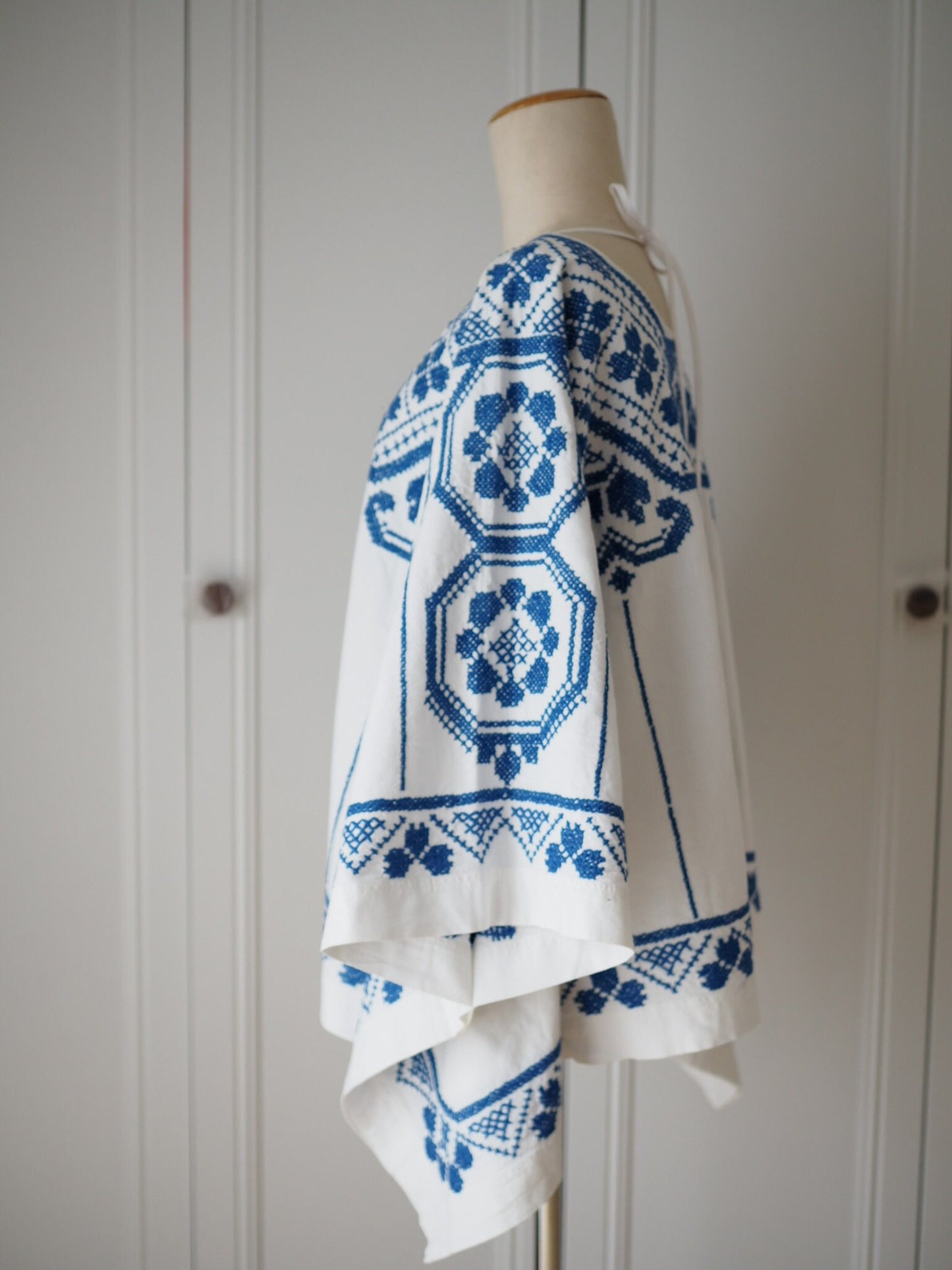 Upcycled Blue Cross-Stitch Linen Poncho Top – One of a Kind