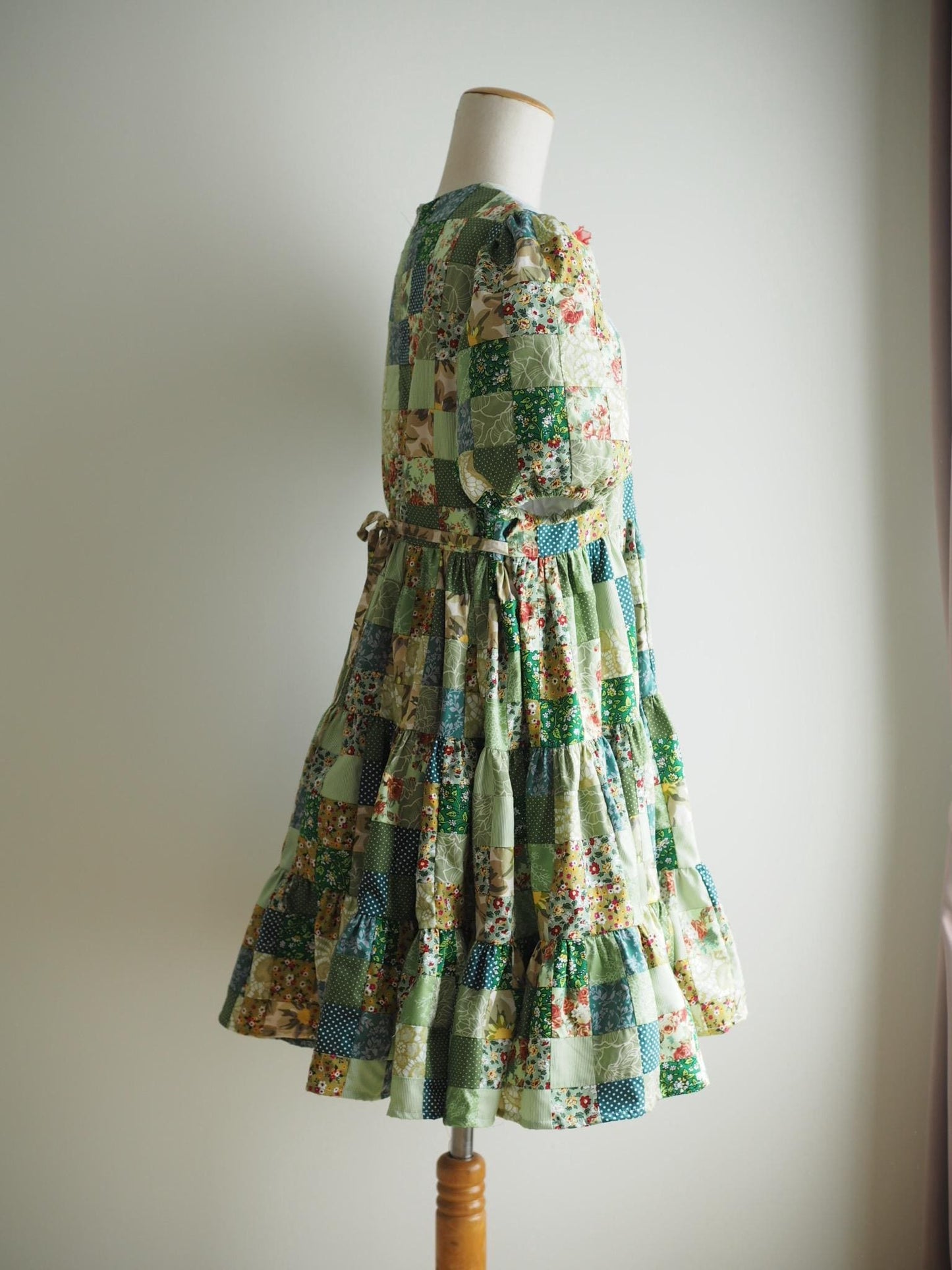 Green Floral Patchwork Babydoll Dress with White Collar – One of a Kind