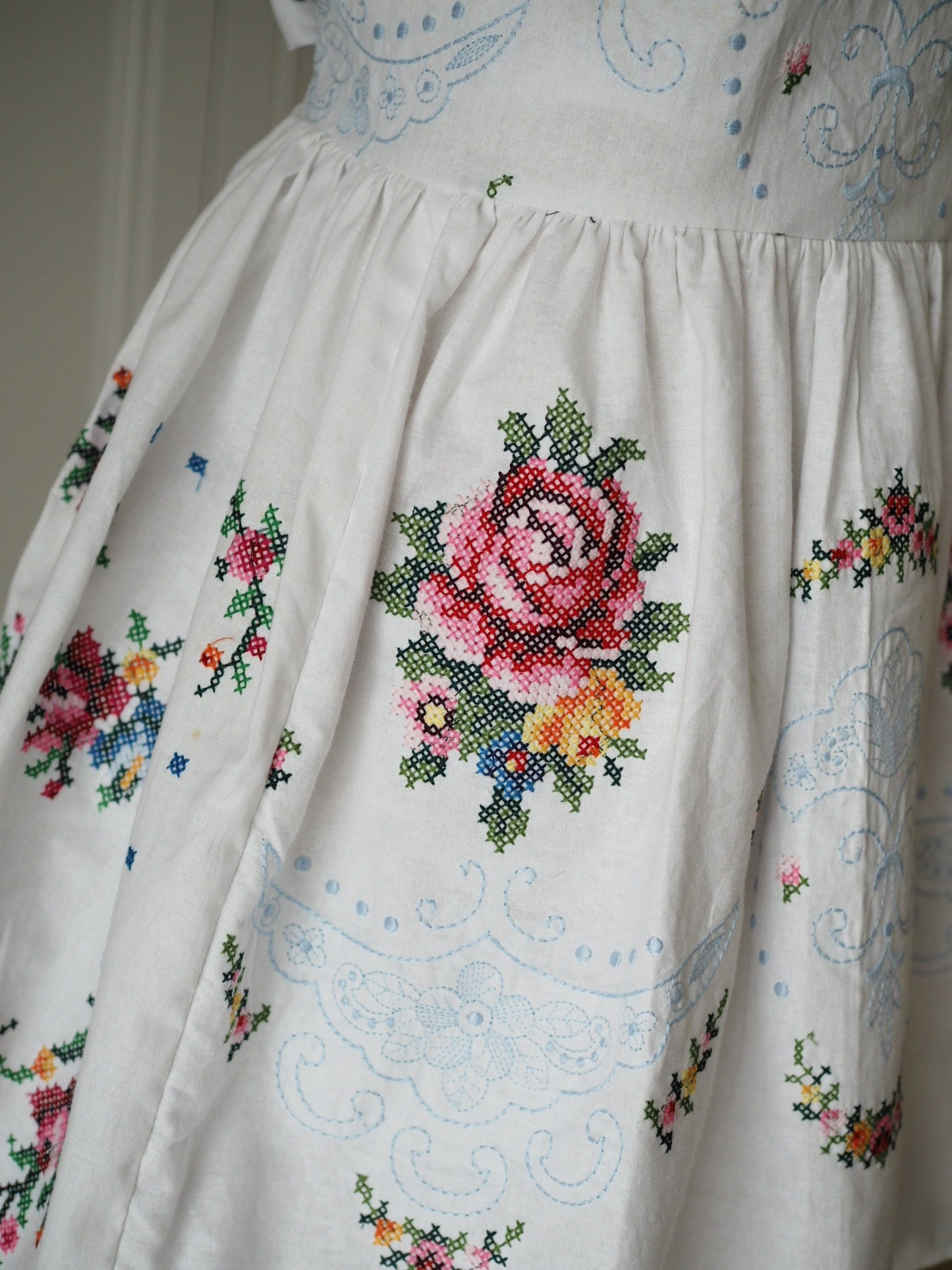 Upcycled Cross-Stitch Tablecloth Mini Dress – One of a Kind