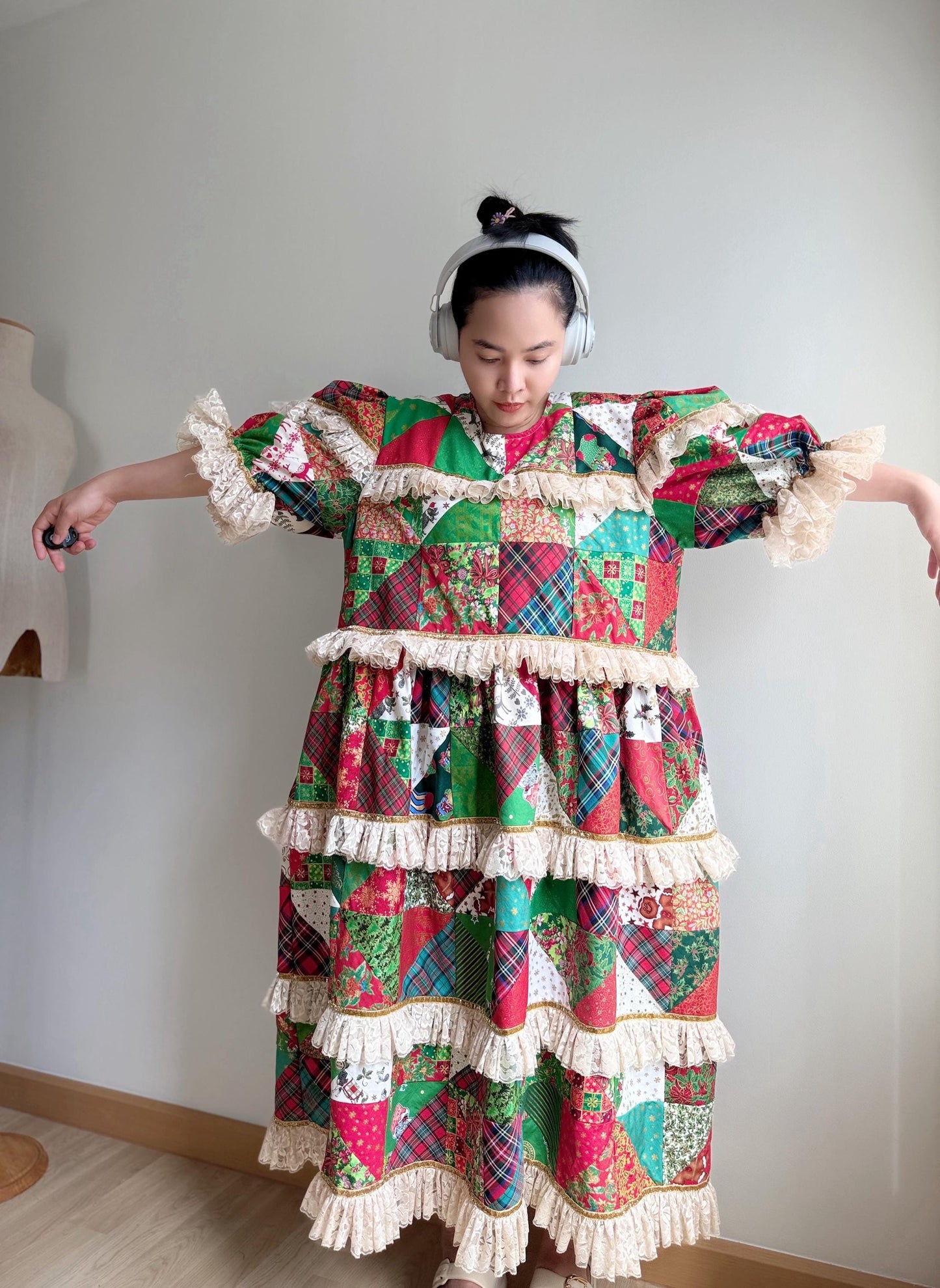 Christmas Patchwork Lace Tiered Dress – One of a Kind