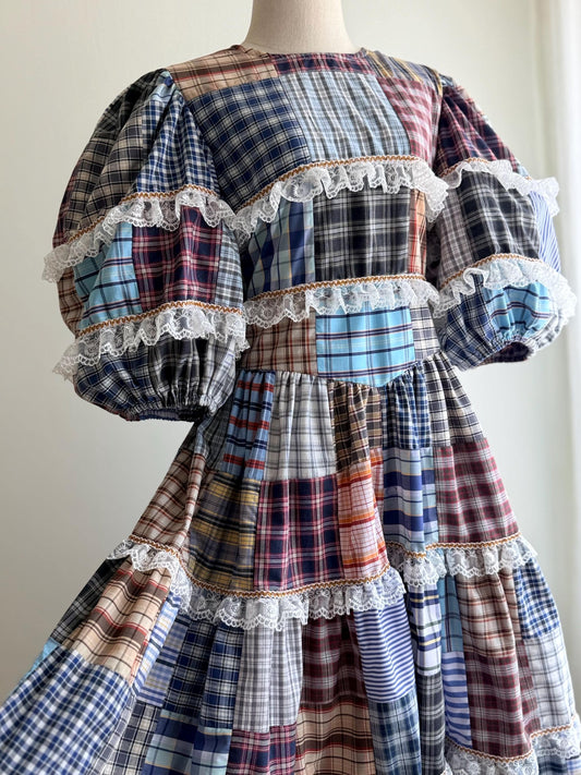Plaid Patchwork Midi Dress with Lace & Puff Sleeves – One of a Kind