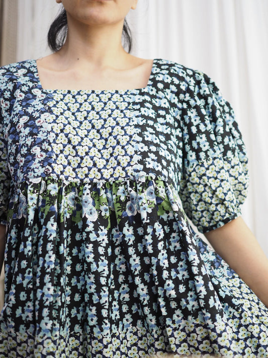 Blue Floral Cotton Babydoll Midi Dress