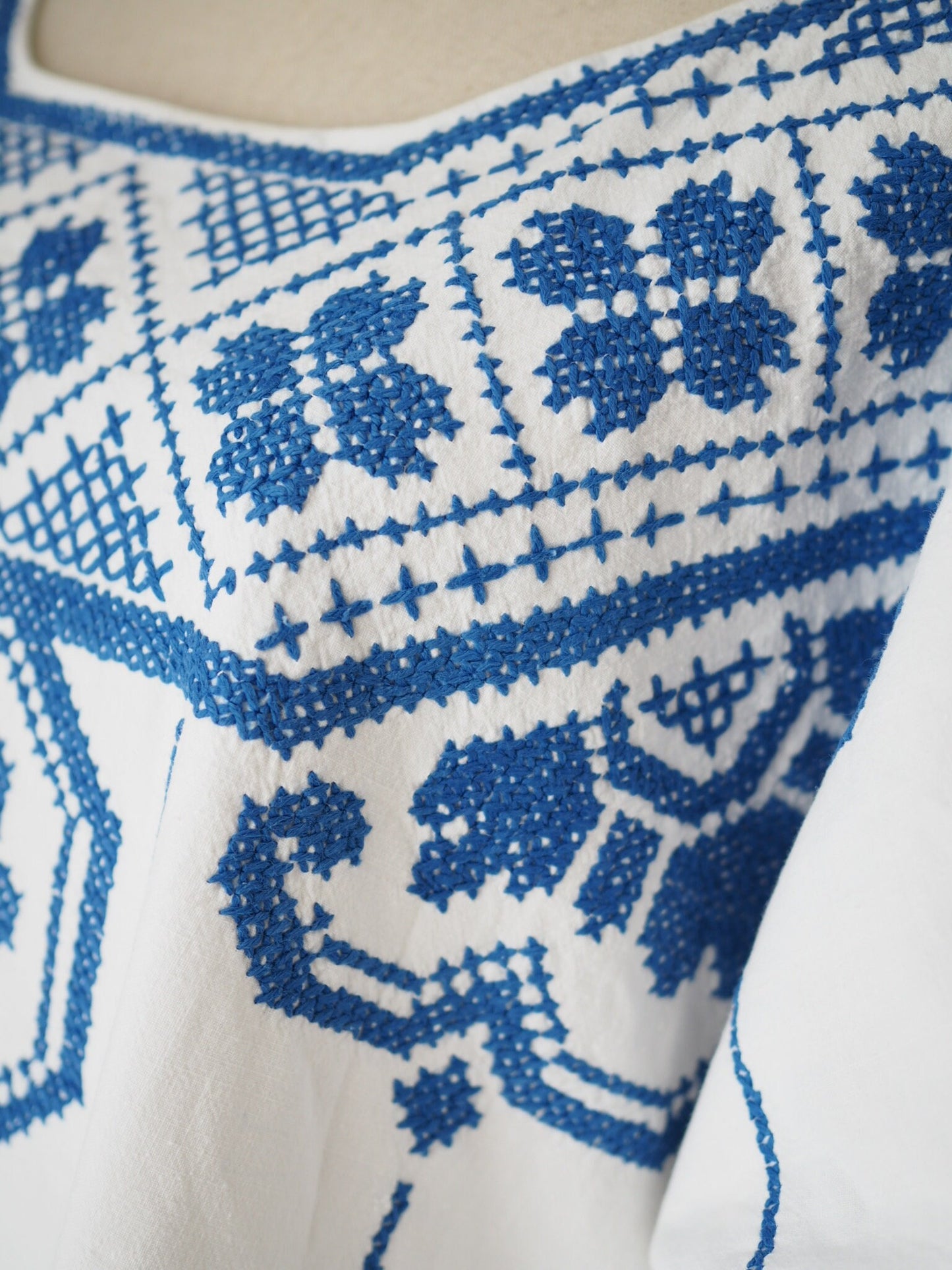 Upcycled Blue Cross-Stitch Linen Poncho Top – One of a Kind