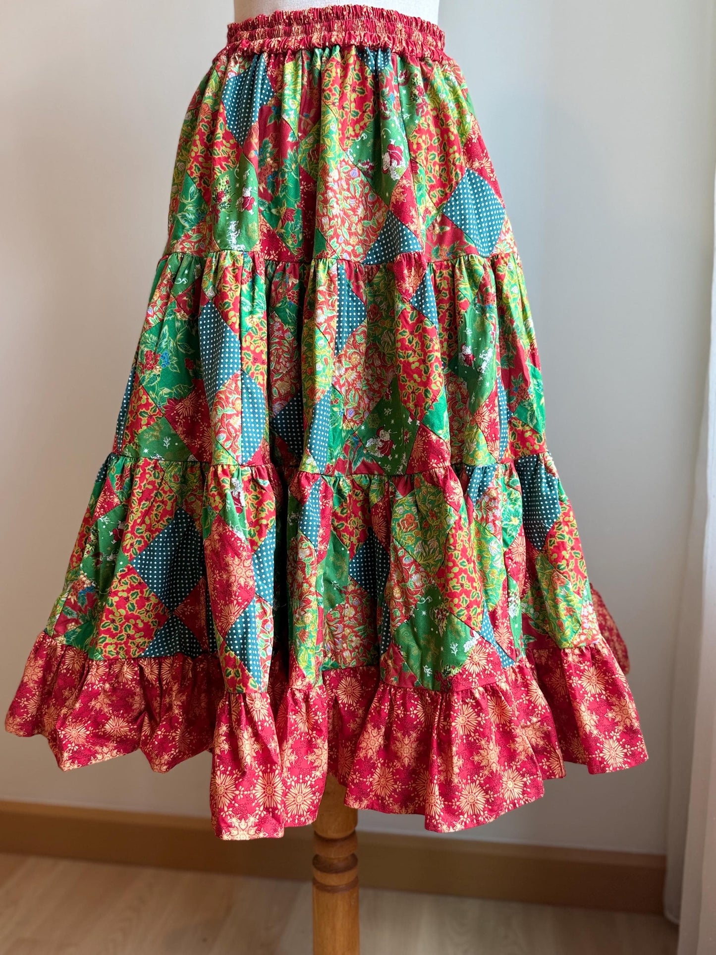 Handmade Christmas Patchwork Midi Skirt – Festive Cotton Skirt