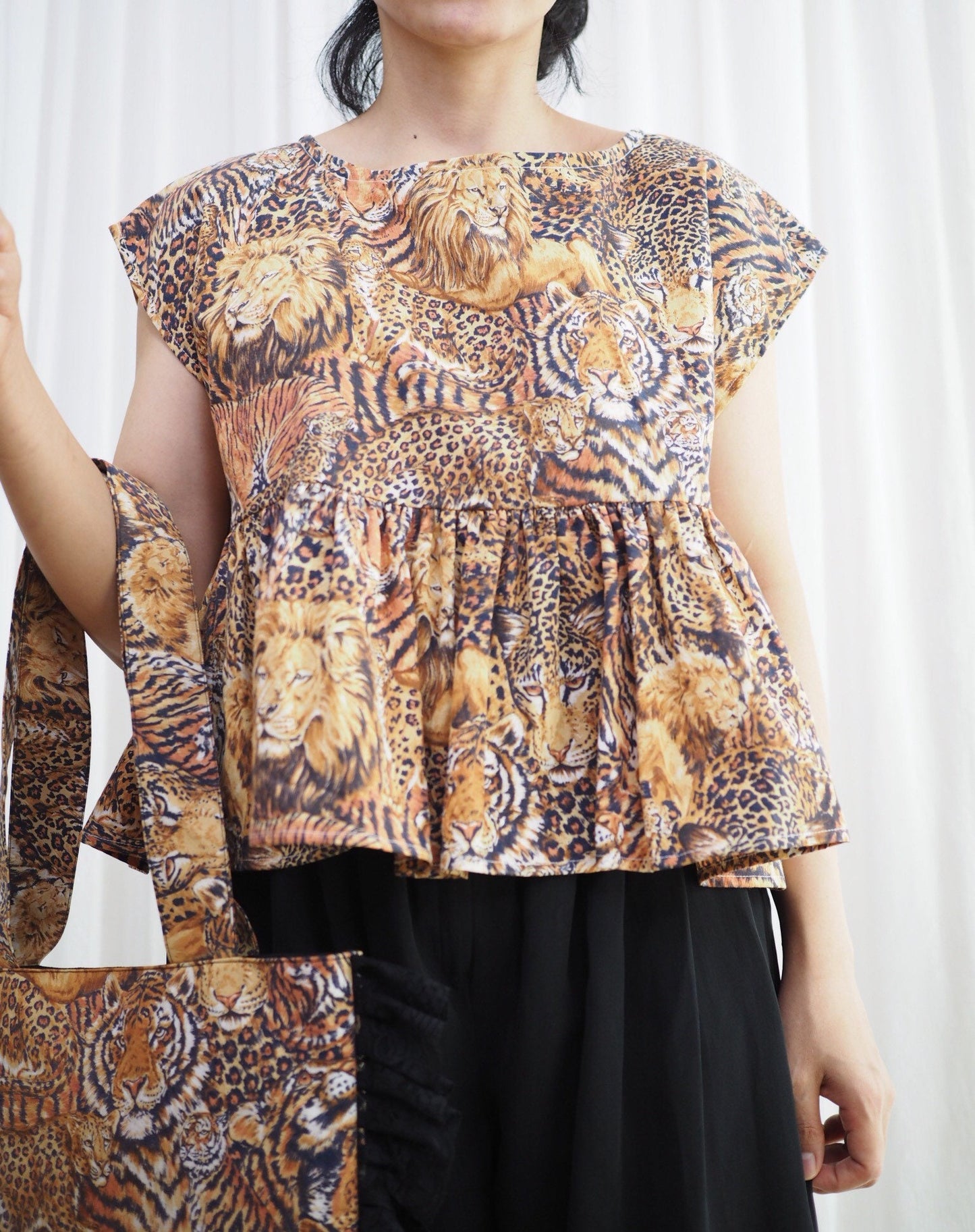 Upcycled Leopard Print Babydoll Top with Matching Lace Bag