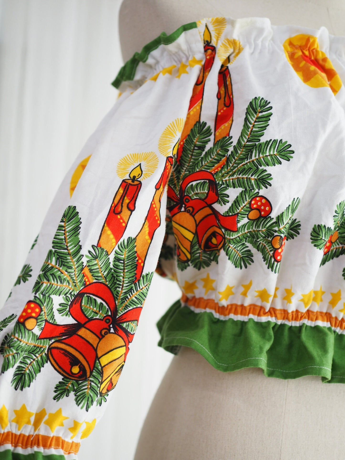 Upcycled Christmas Tablecloth Off-Shoulder Crop Top – One of a Kind