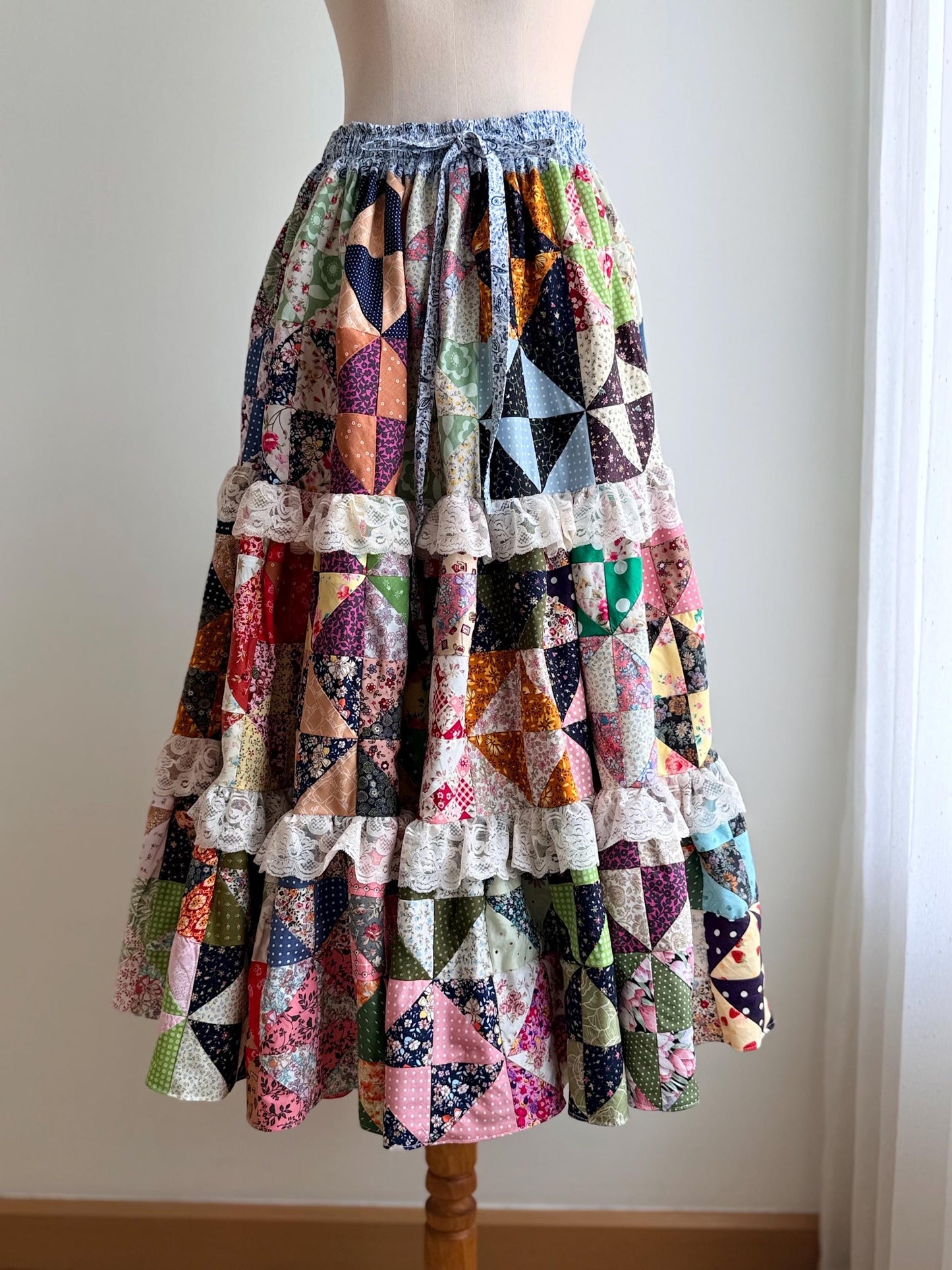 Handmade Patchwork Maxi Skirt – Cotton Quilt Skirt with Lace Trim
