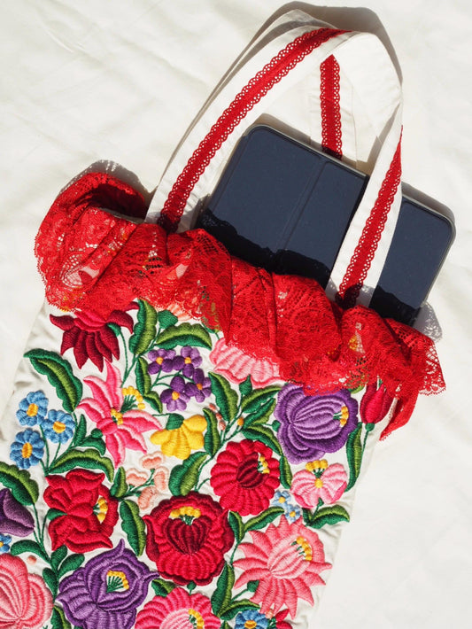 Hungarian-Inspired Hand-Embroidered Floral Tote Bag – Original Design, One of a Kind