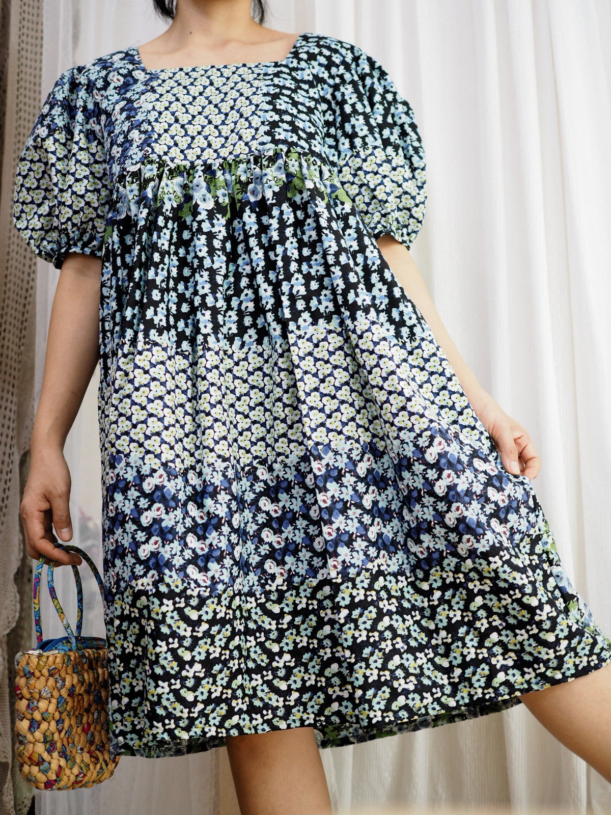 Blue Floral Cotton Babydoll Midi Dress