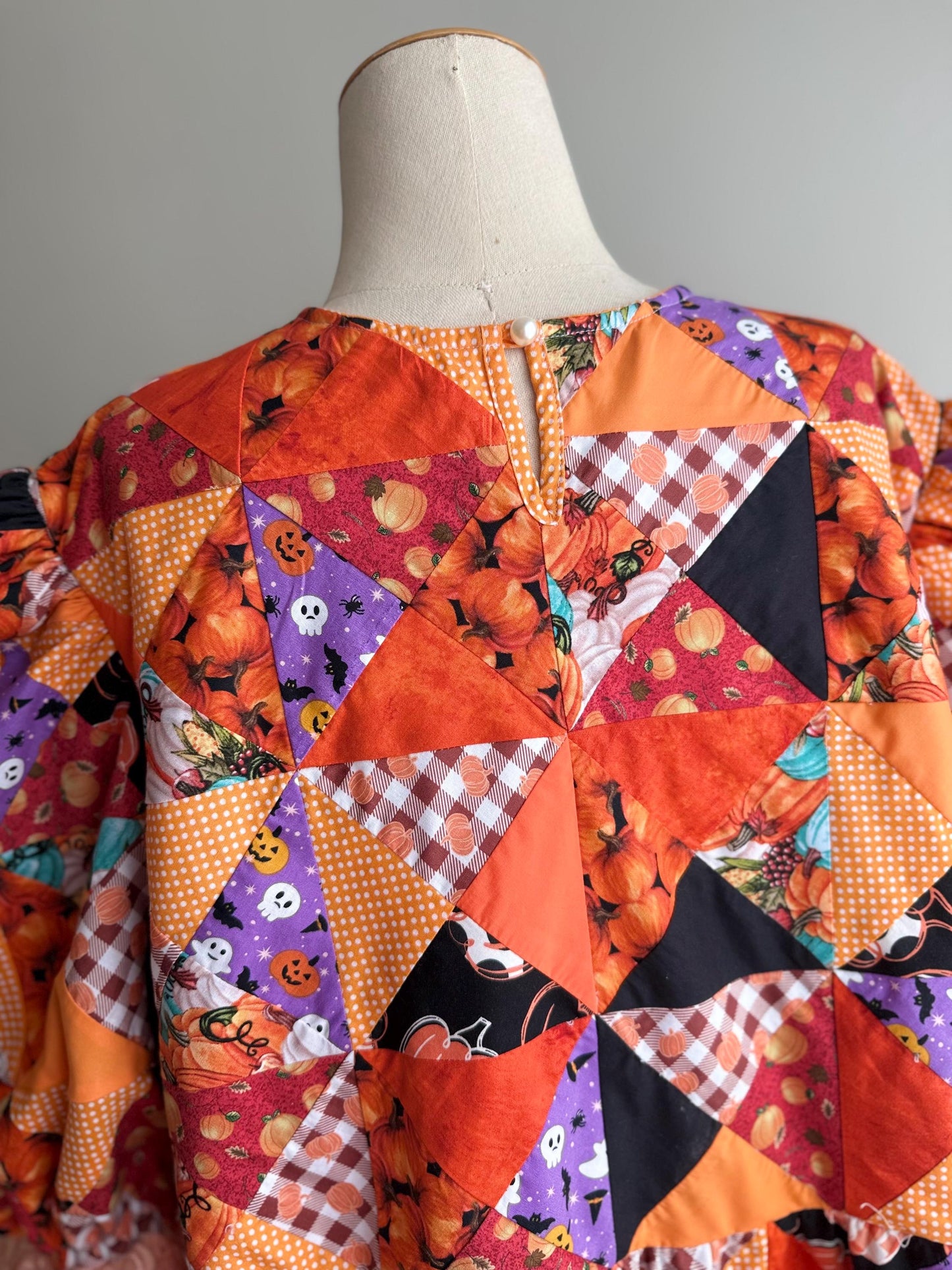 Orange Halloween Patchwork Babydoll Midi Dress with Lace – One of a Kind