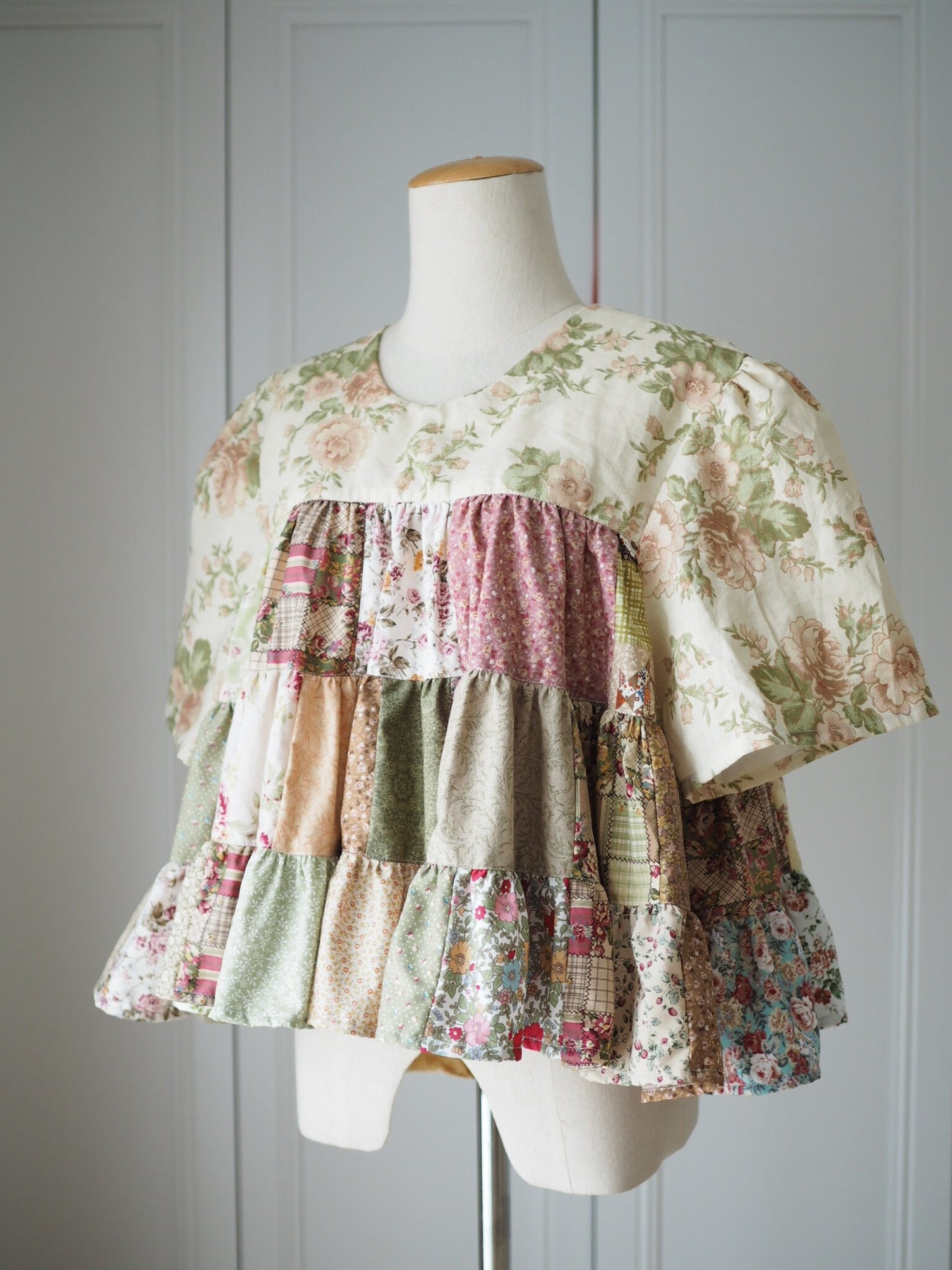 Handmade Floral Patchwork Babydoll Top – Cotton Tiered Blouse