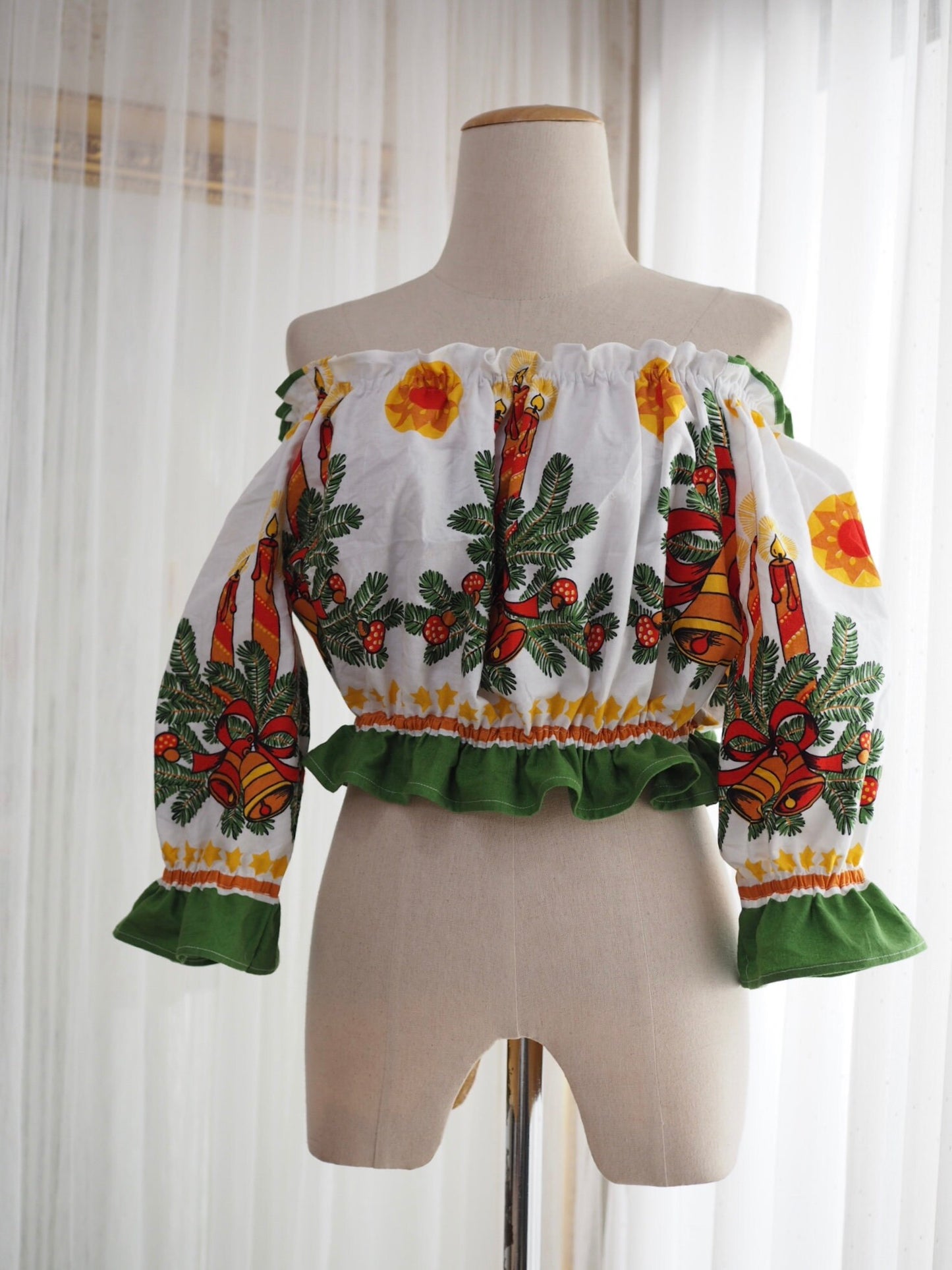 Upcycled Christmas Tablecloth Off-Shoulder Crop Top – One of a Kind