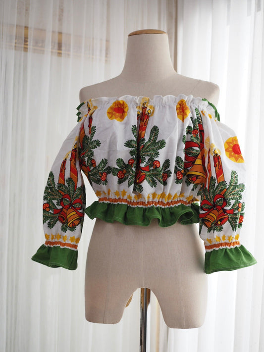 Upcycled Christmas Tablecloth Off-Shoulder Crop Top – One of a Kind
