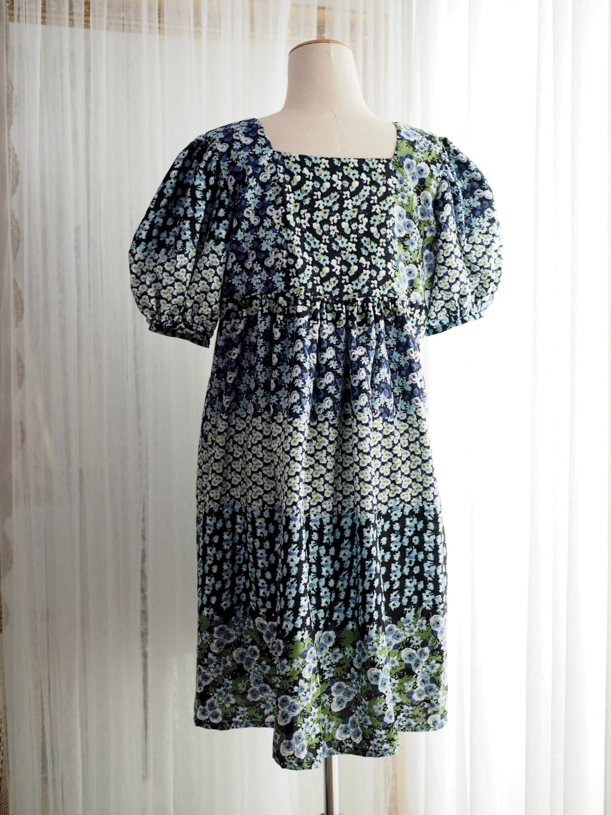 Blue Floral Cotton Babydoll Midi Dress