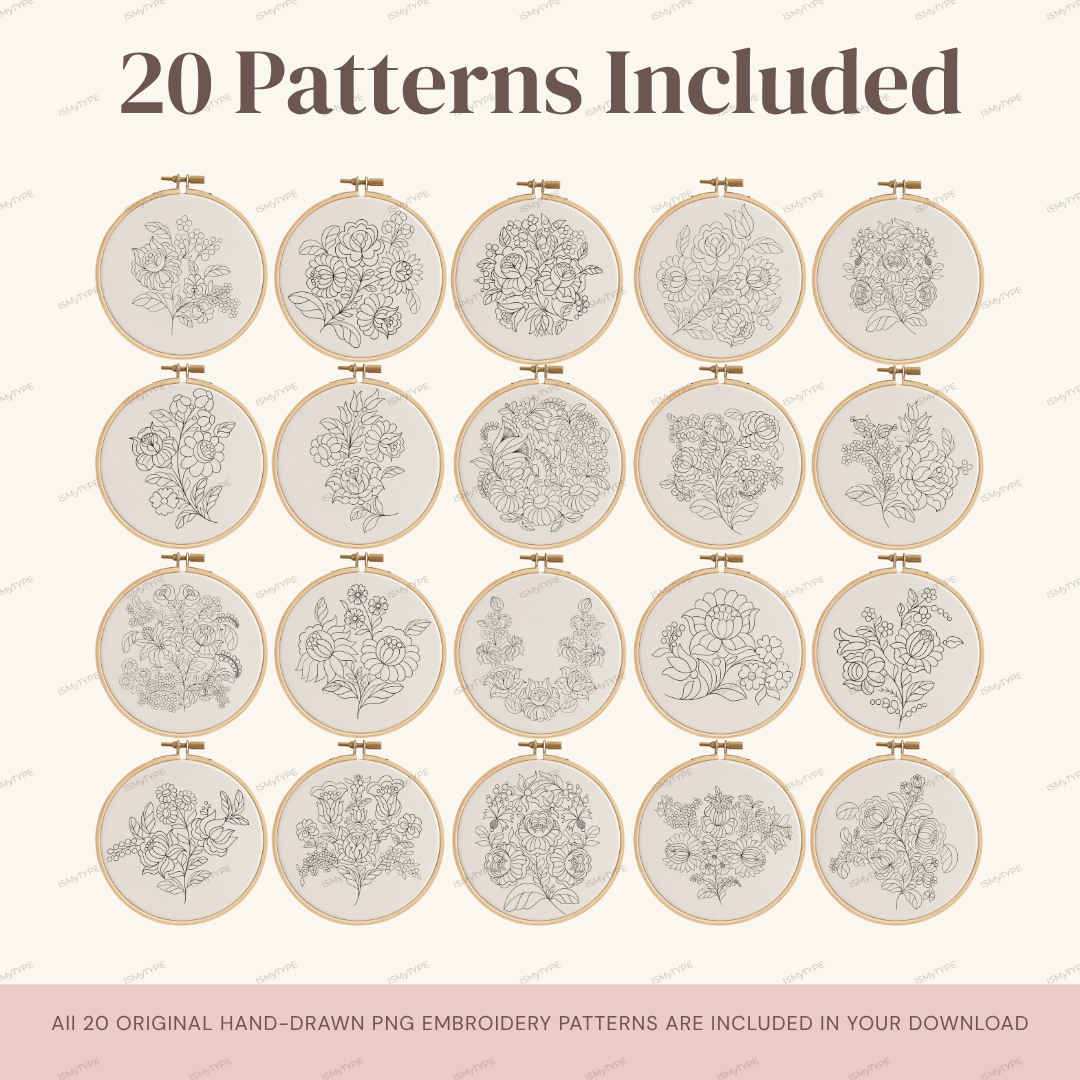 20 Hungarian Embroidery Patterns – Hand-Drawn Folk Floral Designs, Printable Digital Download, 400 DPI
