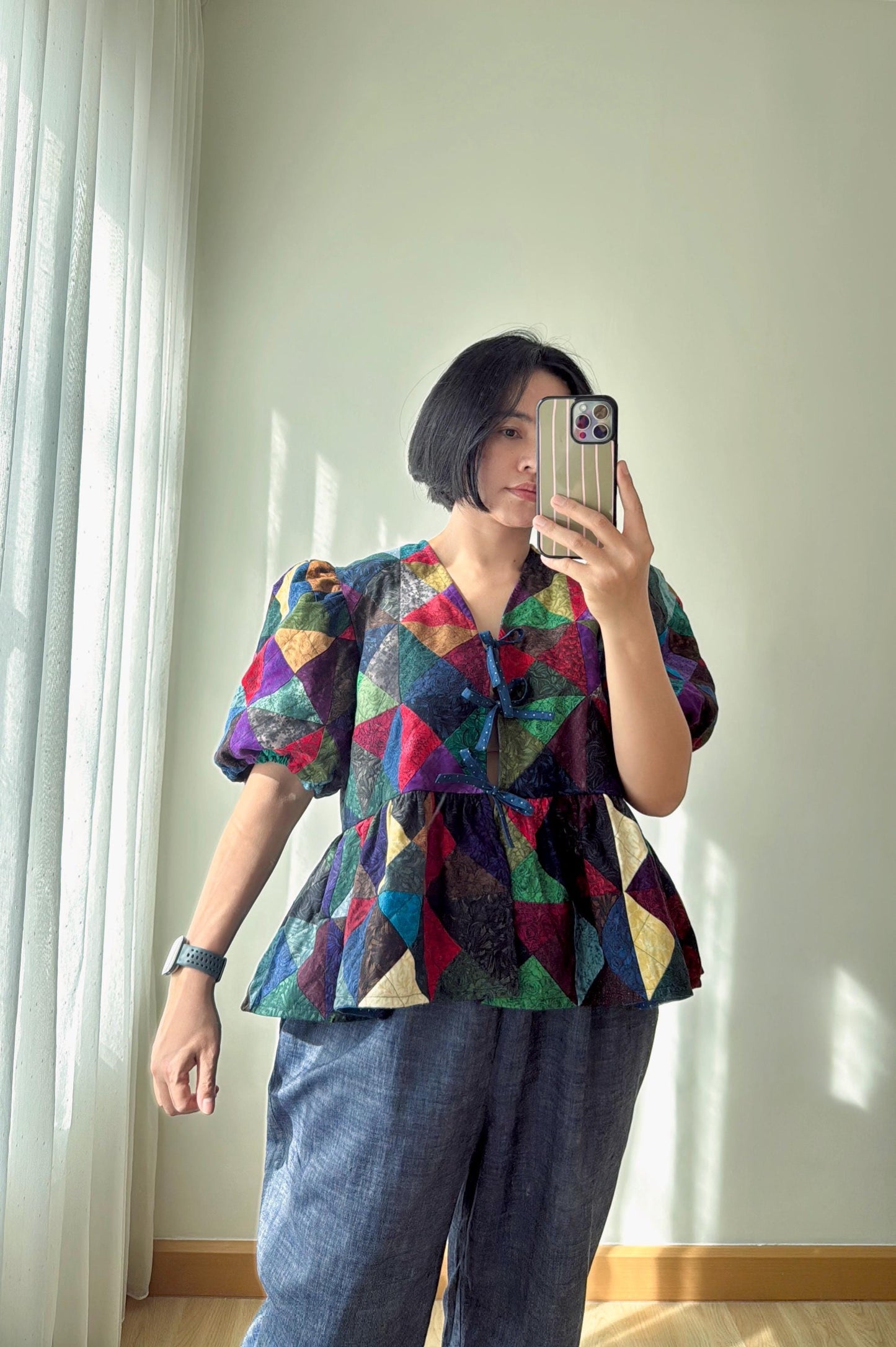 Handmade Patchwork Peplum Top – Puff Sleeve Cotton Blouse