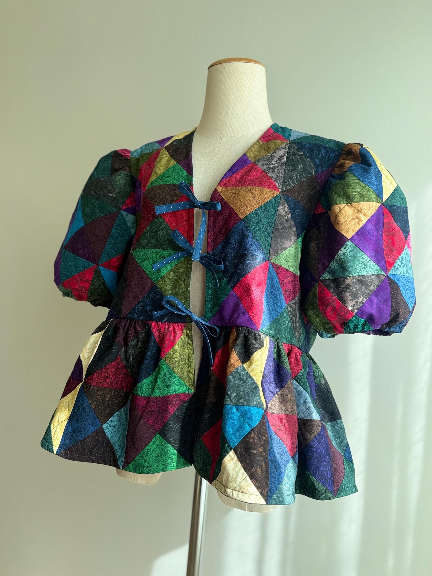 Handmade Patchwork Peplum Top – Puff Sleeve Cotton Blouse