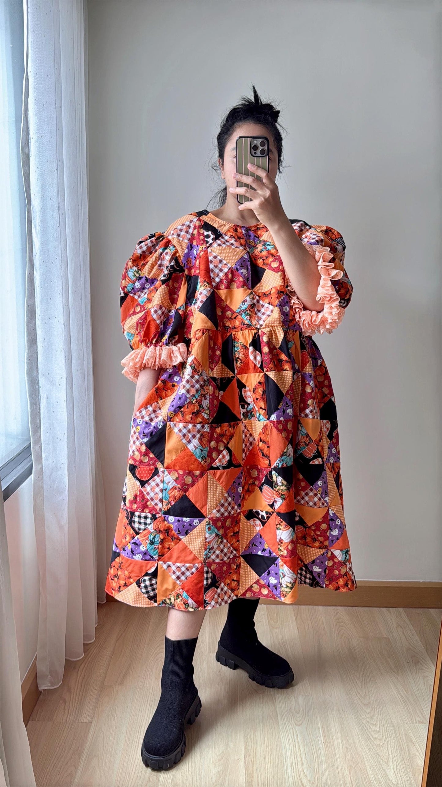 Orange Halloween Patchwork Babydoll Midi Dress with Lace – One of a Kind